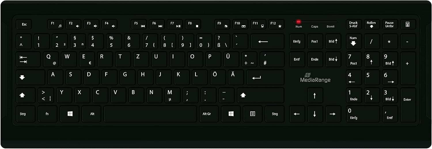 Eine deutsche Tastaturlayout, die Tasten einschließlich der 'Umlaute' (ä, ö, ü) und des 'Eszetts' (ß) zeigt. Das Layout umfasst die Funktionstasten F1-F12.