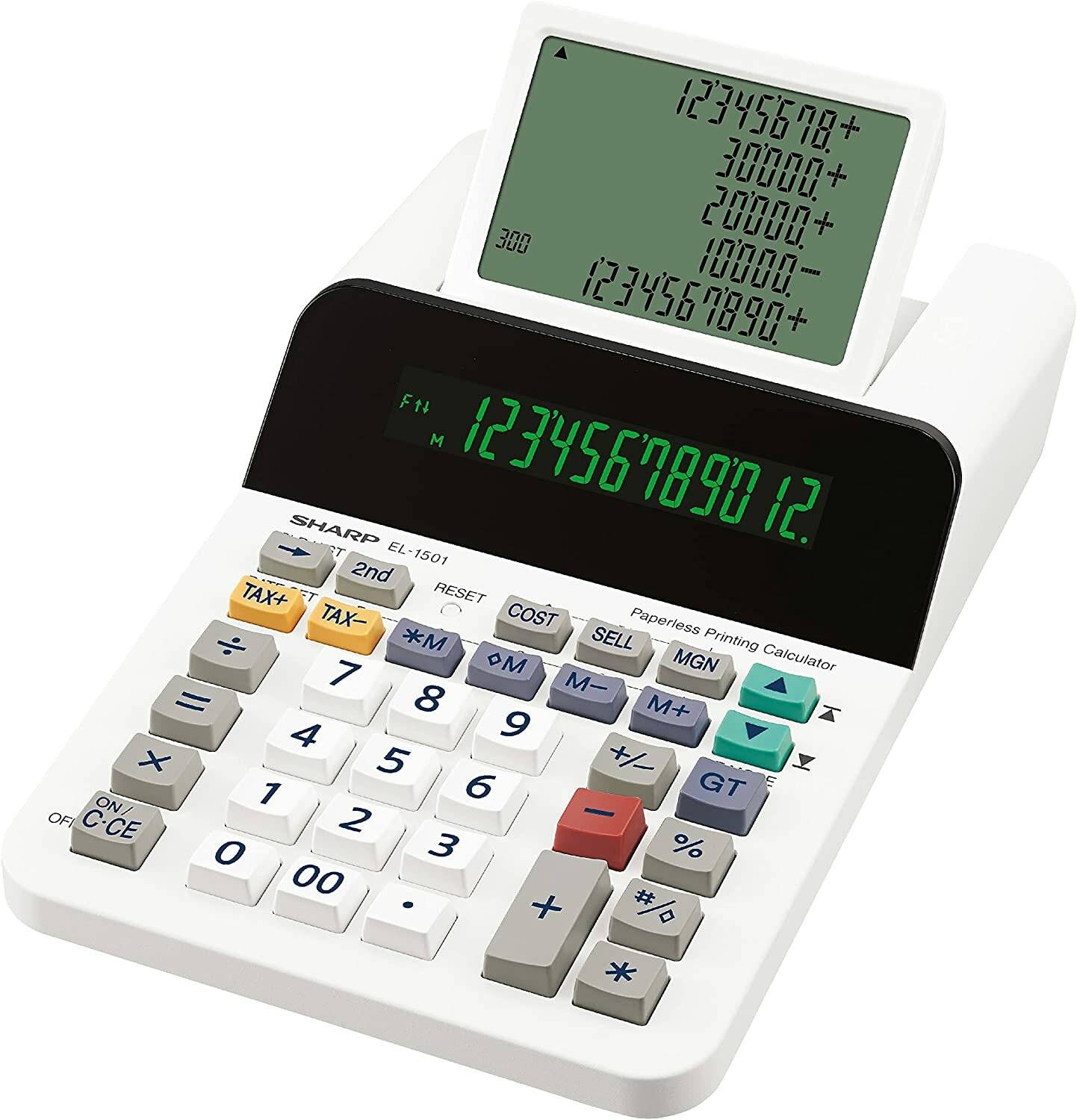 Taschenrechner mit Display, das eine Reihe von Additionsoperationen zeigt. Ausgestattet mit numerischer Tastatur, Funktionstasten und Papierrolle zum Ausdrucken.