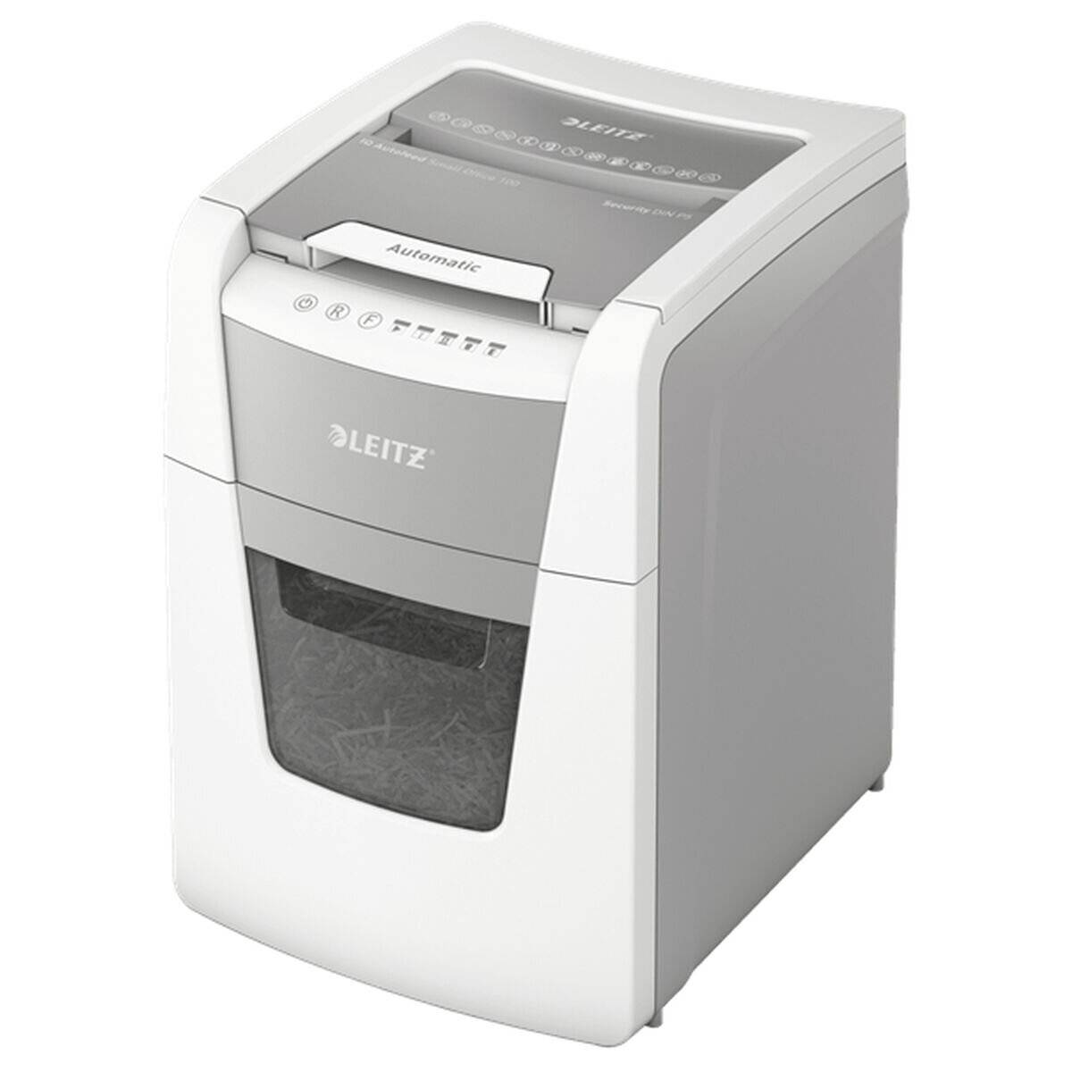 Ein kompakter, weißer Büro-Aktenvernichter mit automatischer Start-Stopp-Taste und durchsichtiger Frontablage, in der zerrissenes Papier zu sehen ist.
