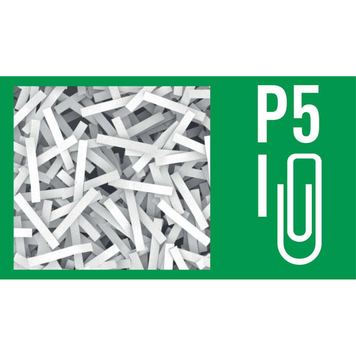 Zerrissene Papierfetzen auf grünem Hintergrund mit der Aufschrift 'P5' und einem Büroklammer-Symbol, was auf eine hohe Sicherheitsstufe für die Dokumentenentsorgung hinweist.