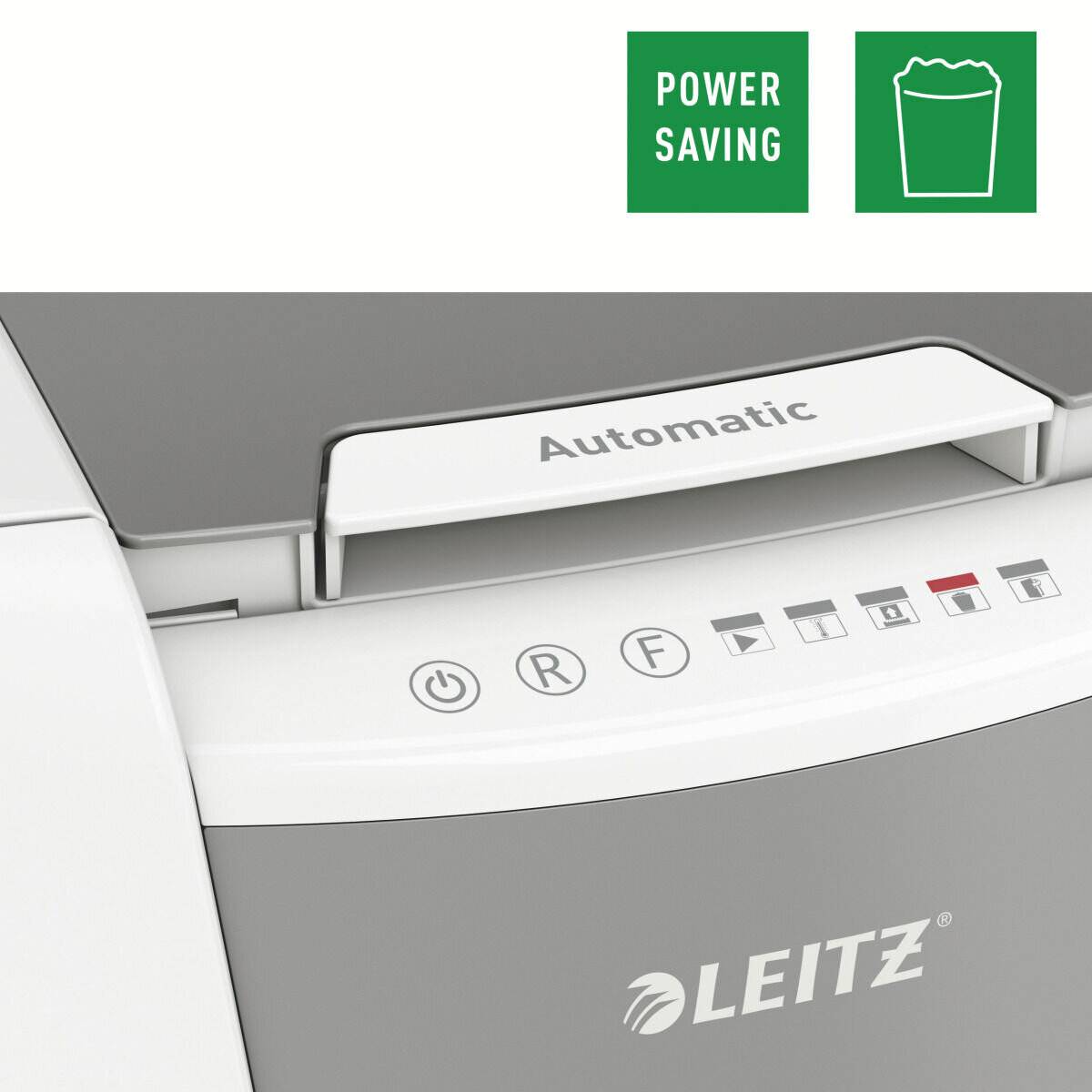 Das Bild zeigt eine Nahaufnahme eines LEITZ-Druckers. Er verfügt über Tasten und Anzeigen für automatischen Betrieb und Energiesparmodus.