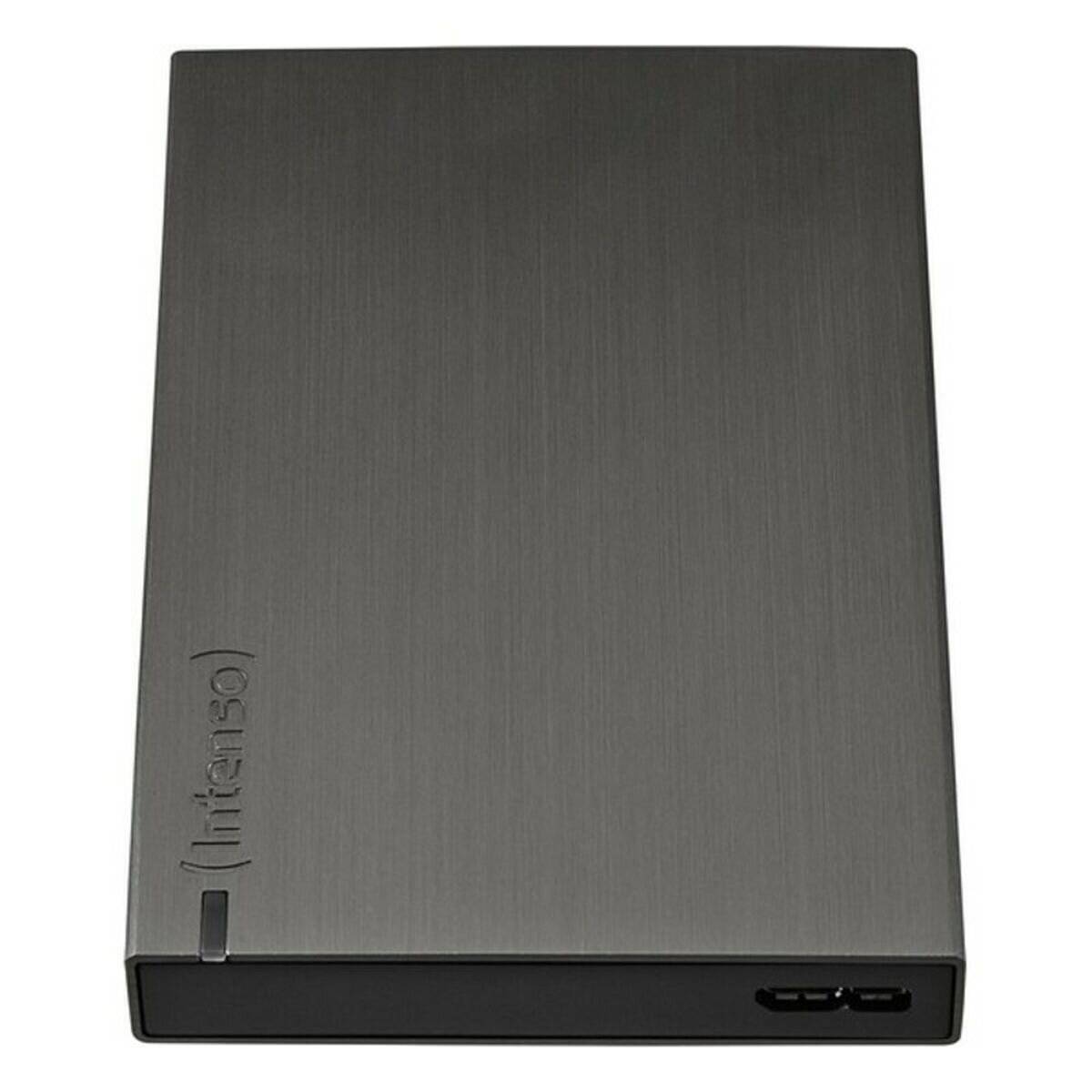 Externe Festplatte mit matter Metalloberfläche, ausgestattet mit einem USB-Anschluss für Konnektivität.