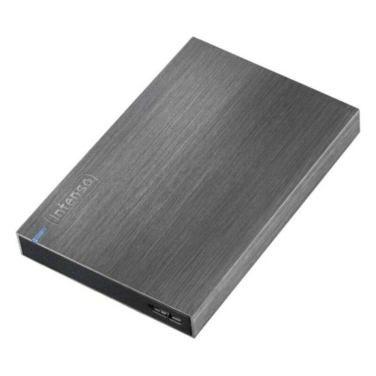 Eine schlanke, graue externe Festplatte mit dem 'intenso'-Logo an der Seite, die einen USB-Anschluss zeigt.