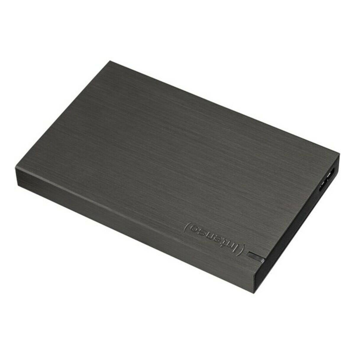 Eine matte schwarze externe Festplatte mit abgerundeten Kanten, die flach auf einer Oberfläche liegt und ein kleines Logo in der oberen linken Ecke zeigt.
