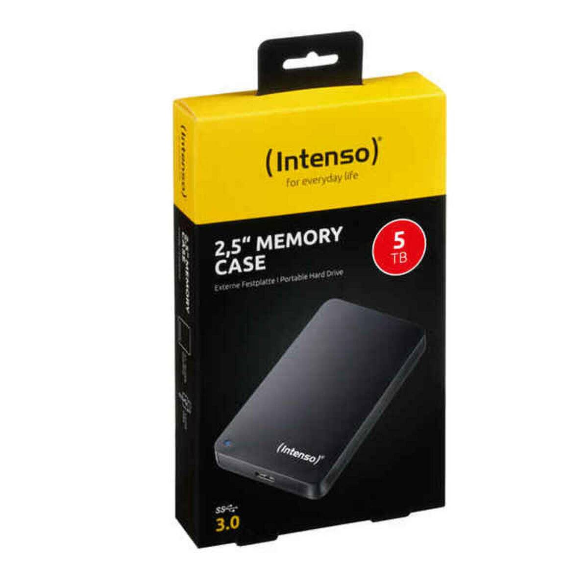Intenso 5 TB externe Festplatte Verpackung, gelbe Box mit rotem '5 TB' Kreis, Produktabbildung auf der Vorderseite, USB 3.0 wird dargestellt.