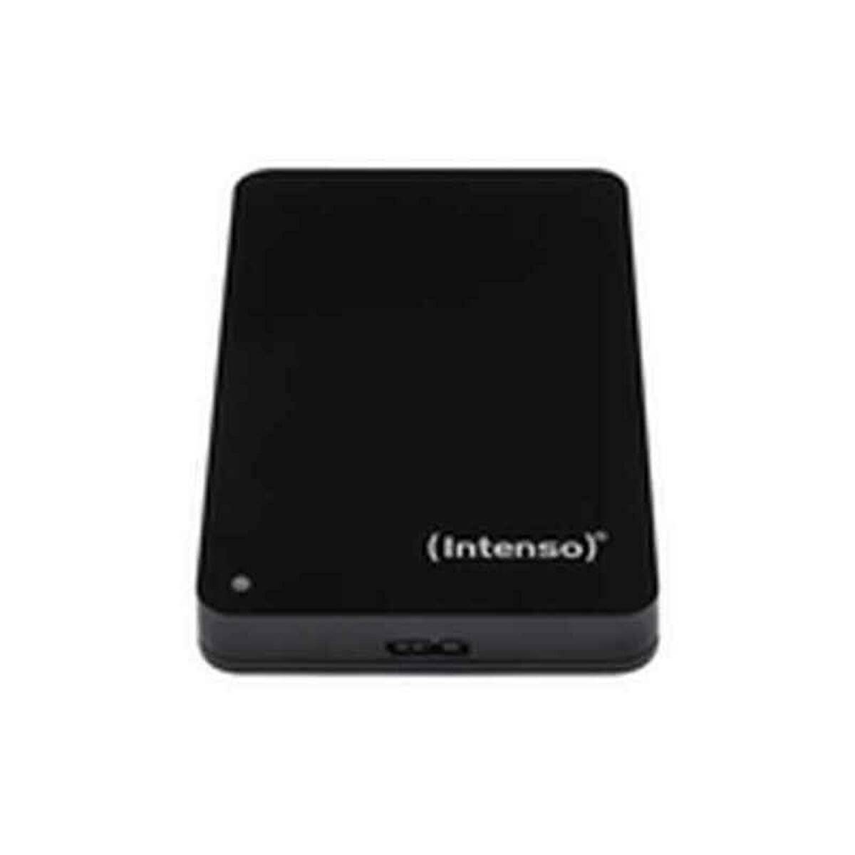 Eine schwarze externe Festplatte der Marke 'Intenso' auf ihrer Oberfläche, mit einem USB-Anschlussport an der vorderen Unterseite.