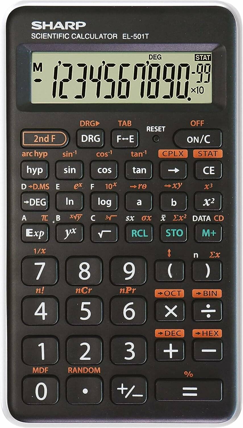 Ein wissenschaftlicher Taschenrechner, der '1234567890' auf seinem Display zeigt, mit verschiedenen mathematischen Funktionstasten und einer numerischen Tastatur.