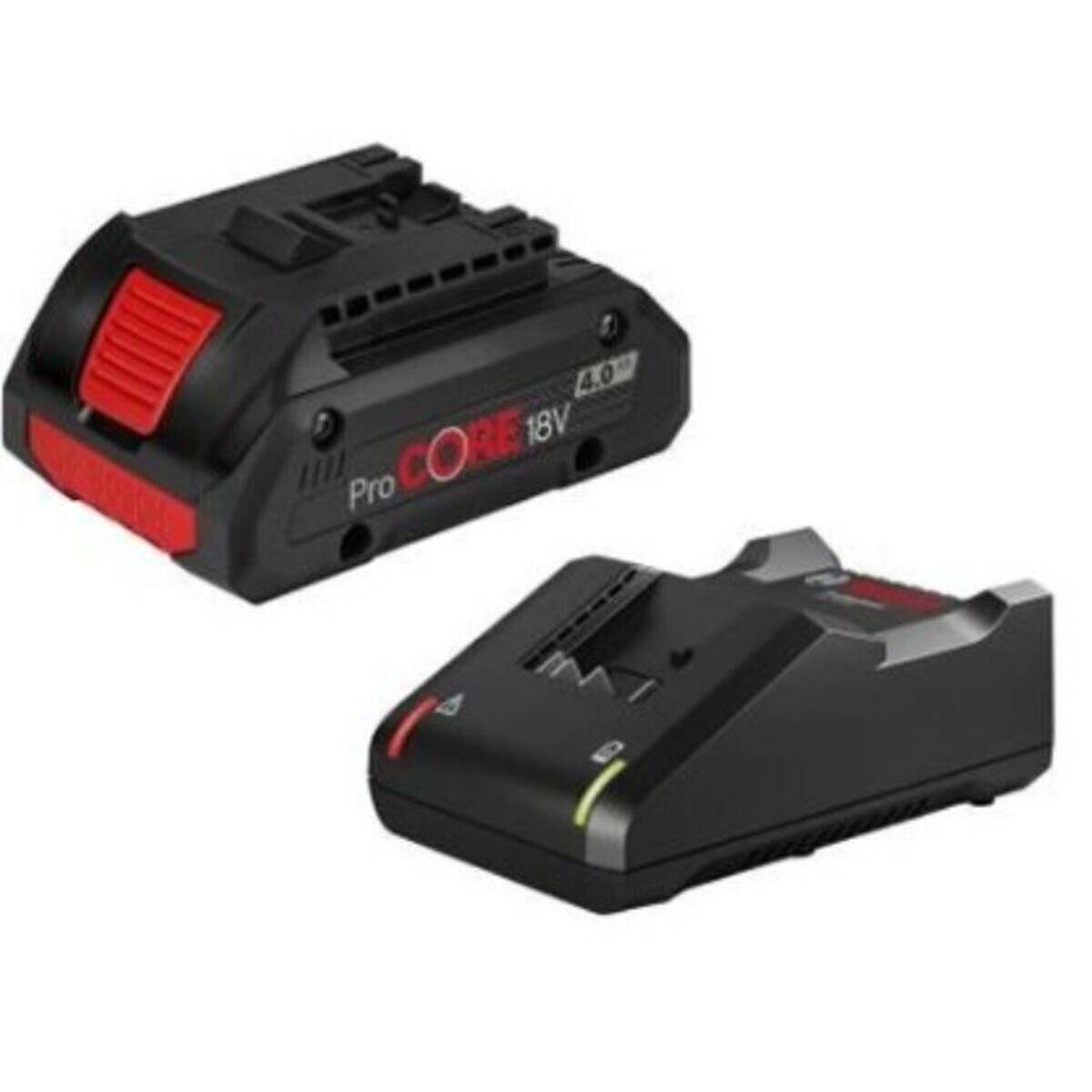 Ein schwarzes und rotes ProCORE 18V 4.0Ah Akku- und Ladegerätset, entwickelt für Elektrowerkzeuge. Der Akku zeichnet sich durch ein schlankes, kompaktes Design aus.
