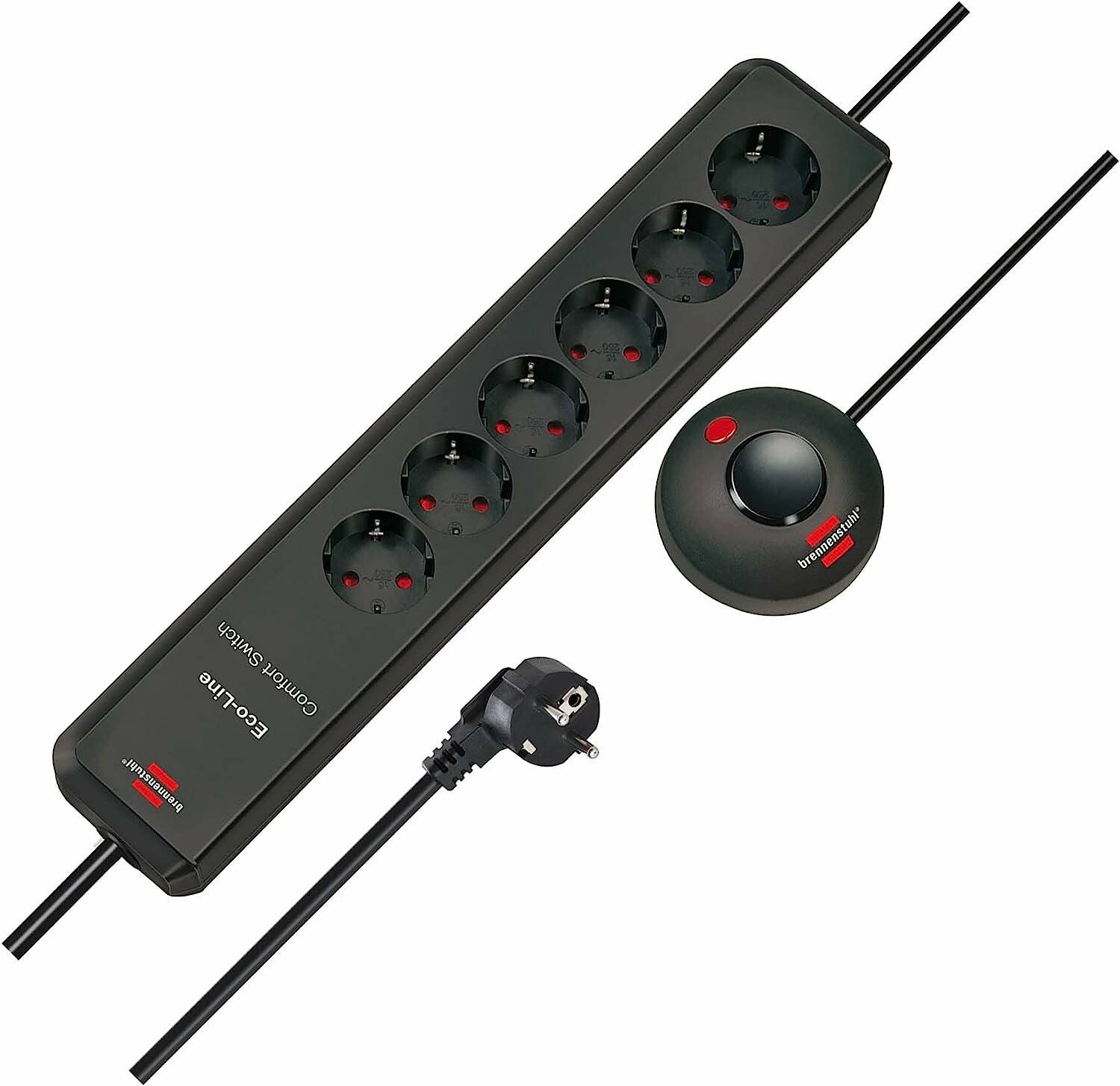 Ein schwarzes Mehrfachsteckdosenleiste mit fünf Steckdosen und einem roten Netzschalter, verbunden durch ein schwarzes Kabel.