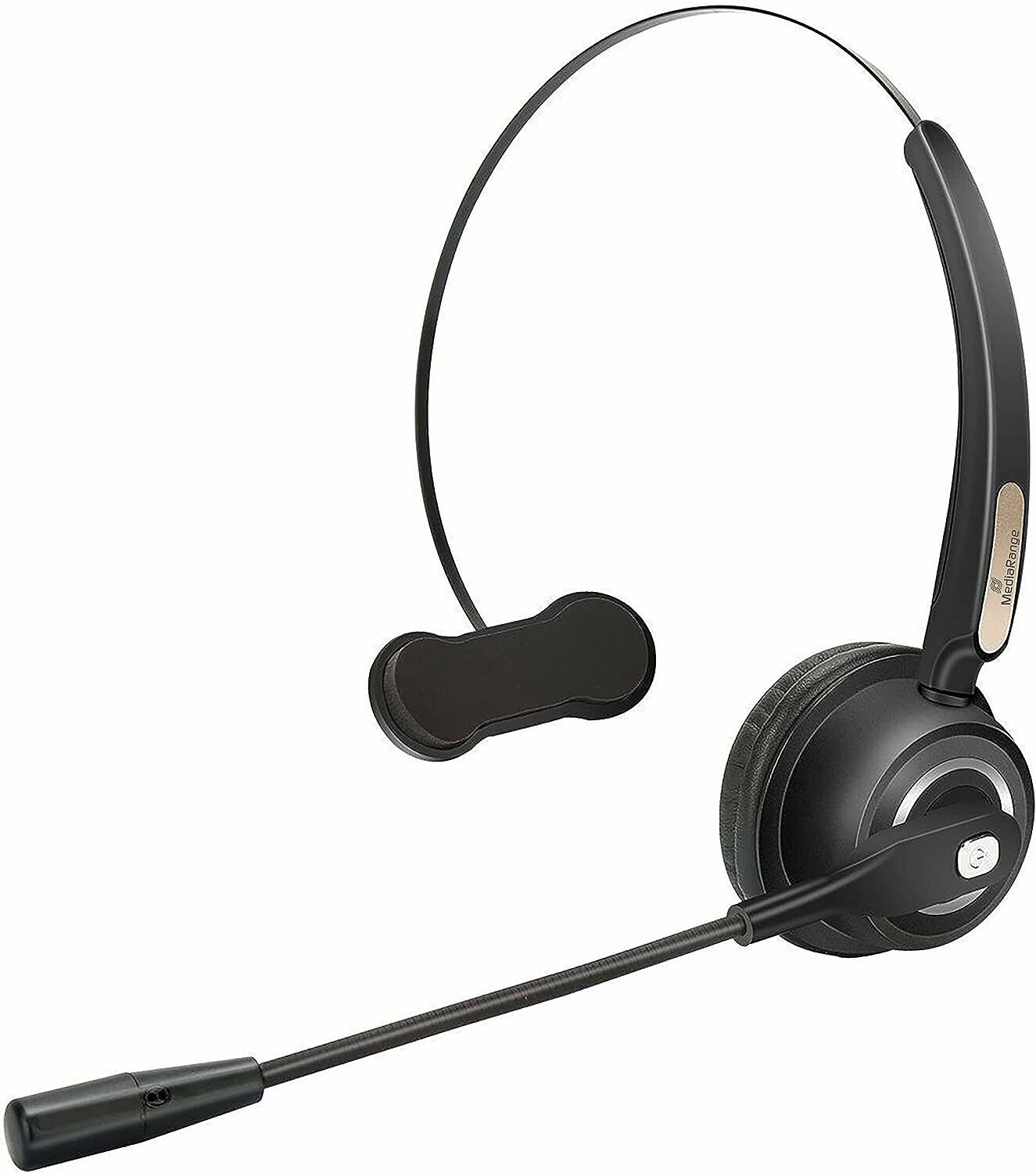Ein schwarzes kabelloses Headset mit einem einzelnen Ohrpolster, verstellbarem Kopfbügel und einem langen Bügelmikrofon.