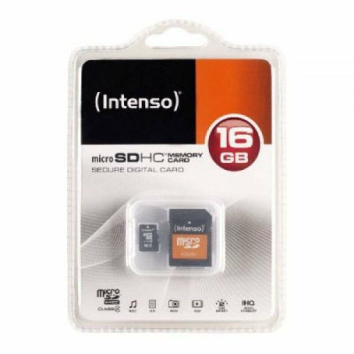 Verpackung für eine 16 GB Intenso microSDHC Speicherkarte mit Adapter.