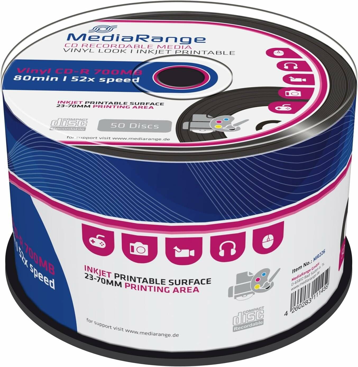 MediaRange CD-R 700MB, 80min, 52-fach Geschwindigkeit, 50 Stück. Mit Inkjet bedruckbarer Oberfläche, Druckbereich von 23-70mm.