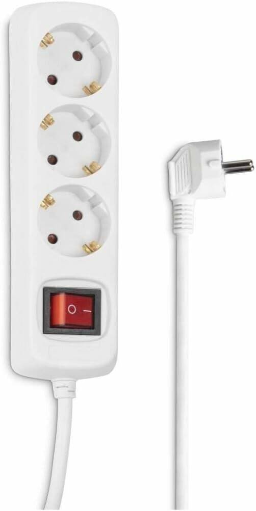 Ein weißes Steckdosenleiste mit zwei runden Steckdosen und einem roten Ein/Aus-Schalter, die an einen weißen Stecker angeschlossen ist.