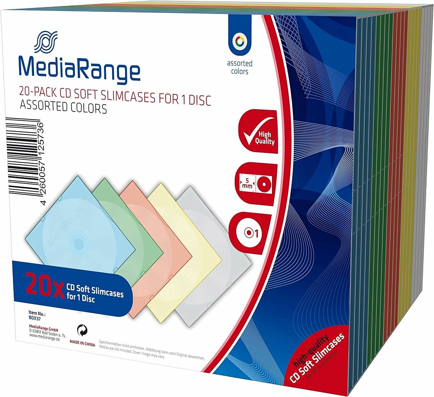 MediaRange 20er-Pack CD-Soft-Slimcases für 1 Disc, verschiedene Farben, hohe Qualität, 5mm Dicke. Enthält rote, blaue, grüne, gelbe und orange Hüllen.