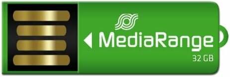 Medien' Text mit Logo auf grünem Hintergrund; linker Pfeil deutet auf Navigation oder Auswahl.