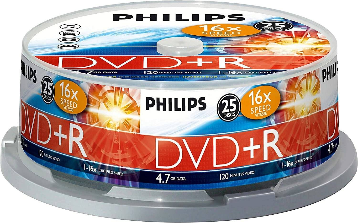 Nahaufnahme einer Philips DVD+R Disc-Spindel, gekennzeichnet für 16-fache Geschwindigkeit, 4,7 GB Datenspeicher, 120 Minuten Video und mit 25 Scheiben bestückt.