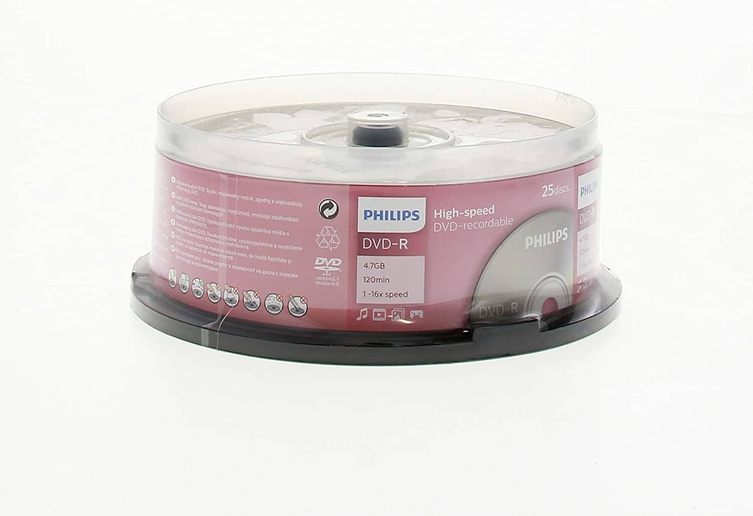 Eine Spindel mit 25 Philips DVD-R Discs, hochgeschwindig, mit 4,7 GB Kapazität, 120 Minuten Aufnahmezeit, geeignet für Datenspeicherung oder Videoaufnahmen.