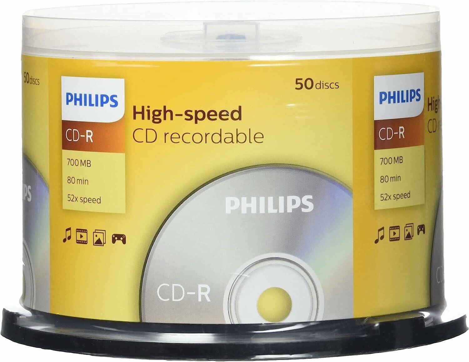Ein Stapel Philips 50 High-Speed CD-R Discs, 700 MB, 80 Minuten pro Scheibe, 52-fache Geschwindigkeit, in Verpackung. Geeignet für Musik-, Daten- und Videospeicherung.