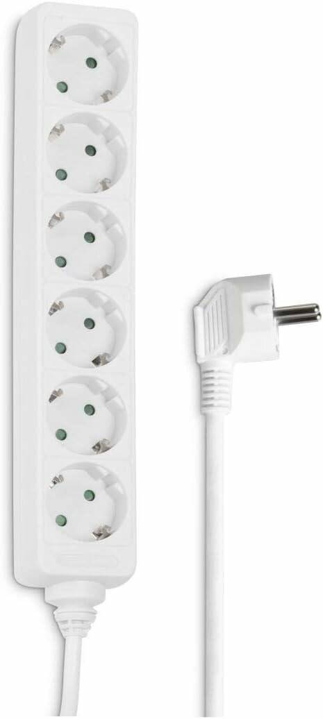 Ein weißes Steckdosenleiste mit fünf runden Steckdosen und einem weißen Stecker.