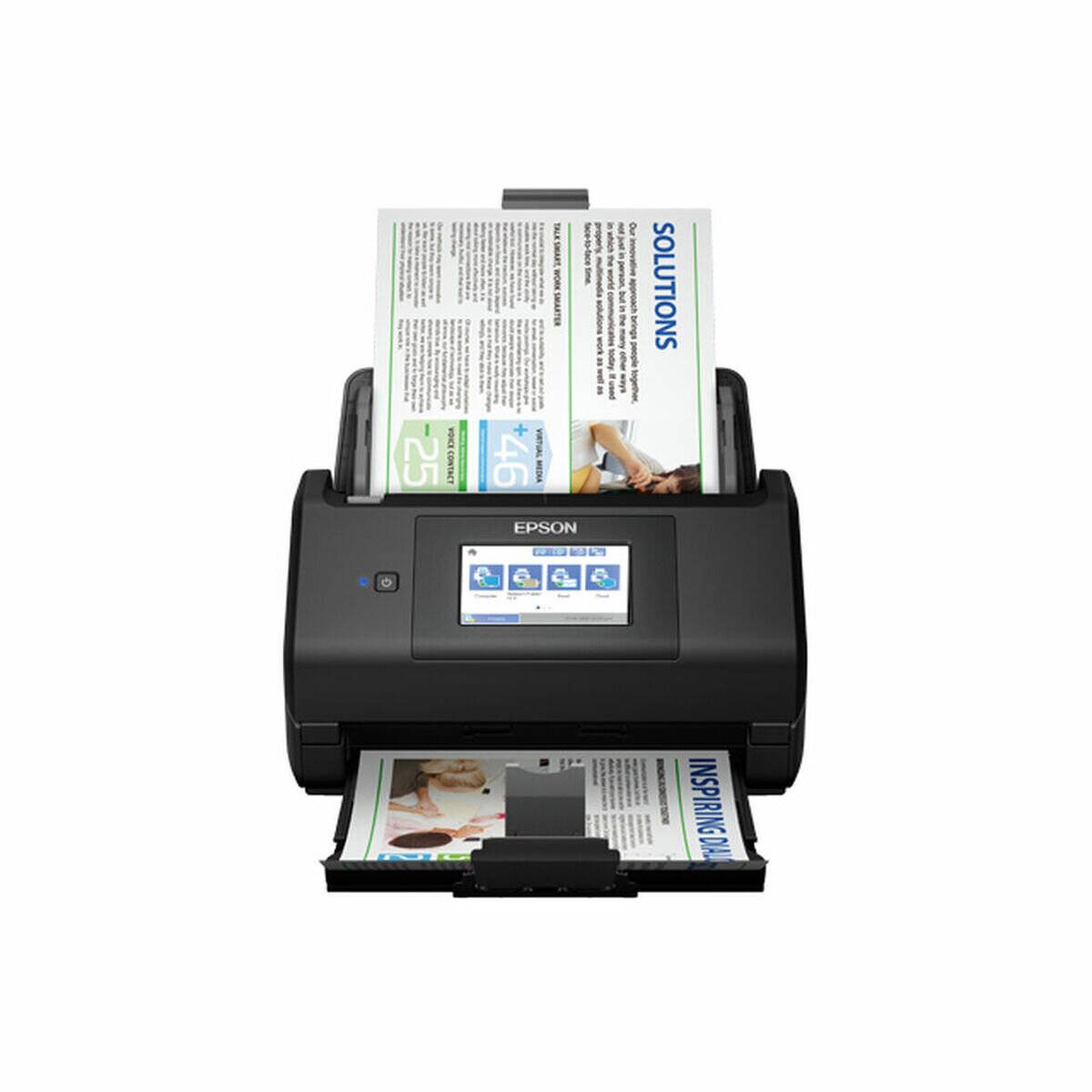Ein schwarzer Epson-Scanner mit einem digitalen Bildschirm, der Dokumente mit Text und Bildern scannt.
