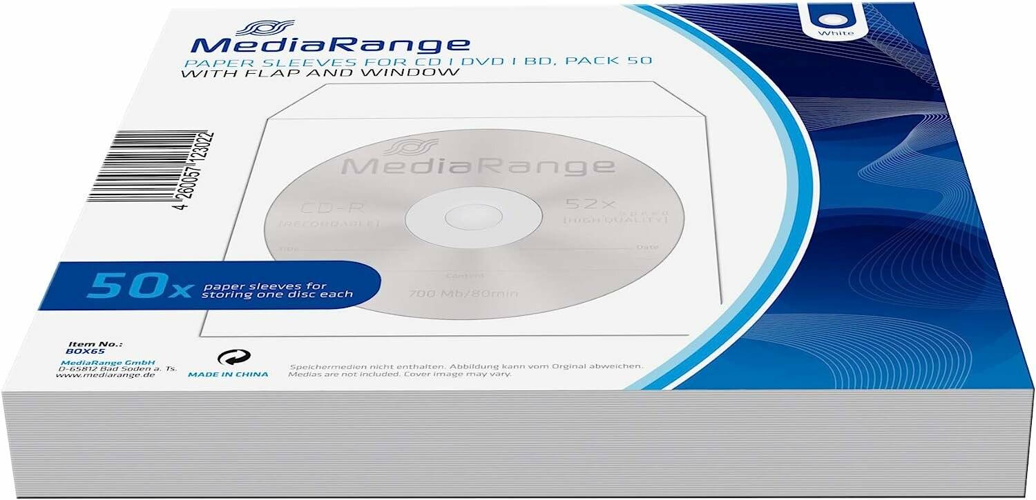 MediaRange Papierhüllen für CD/DVD. 1 BD, Packung 50 Stück. Mit Klappe und Fenster. 52-fache Geschwindigkeit. 700MB/80min.' Verpackung zeigt eine Beispiel-Disc-Hülle.