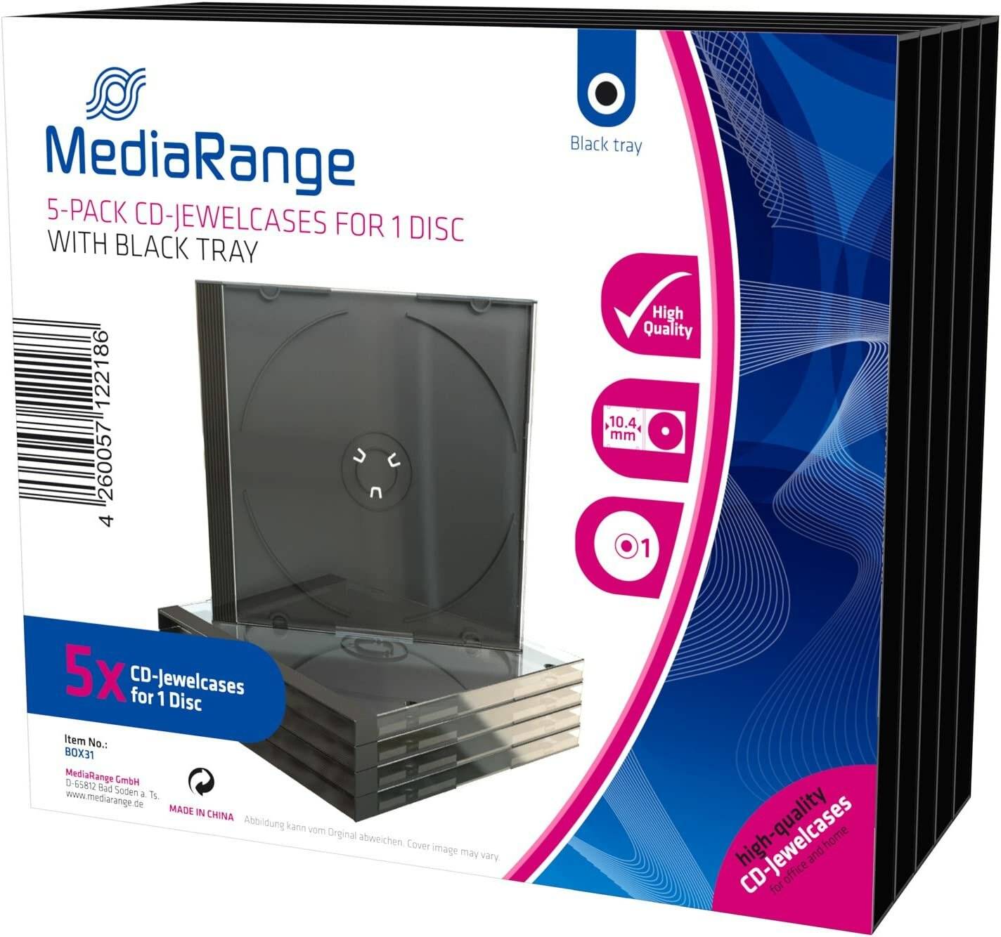 MediaRange 5er-Pack CD-Jewel-Cases mit schwarzem Tray. Die Merkmale zeigen hohe Qualität, 10,4 mm Breite und beinhalten eine Disc pro Hülle.