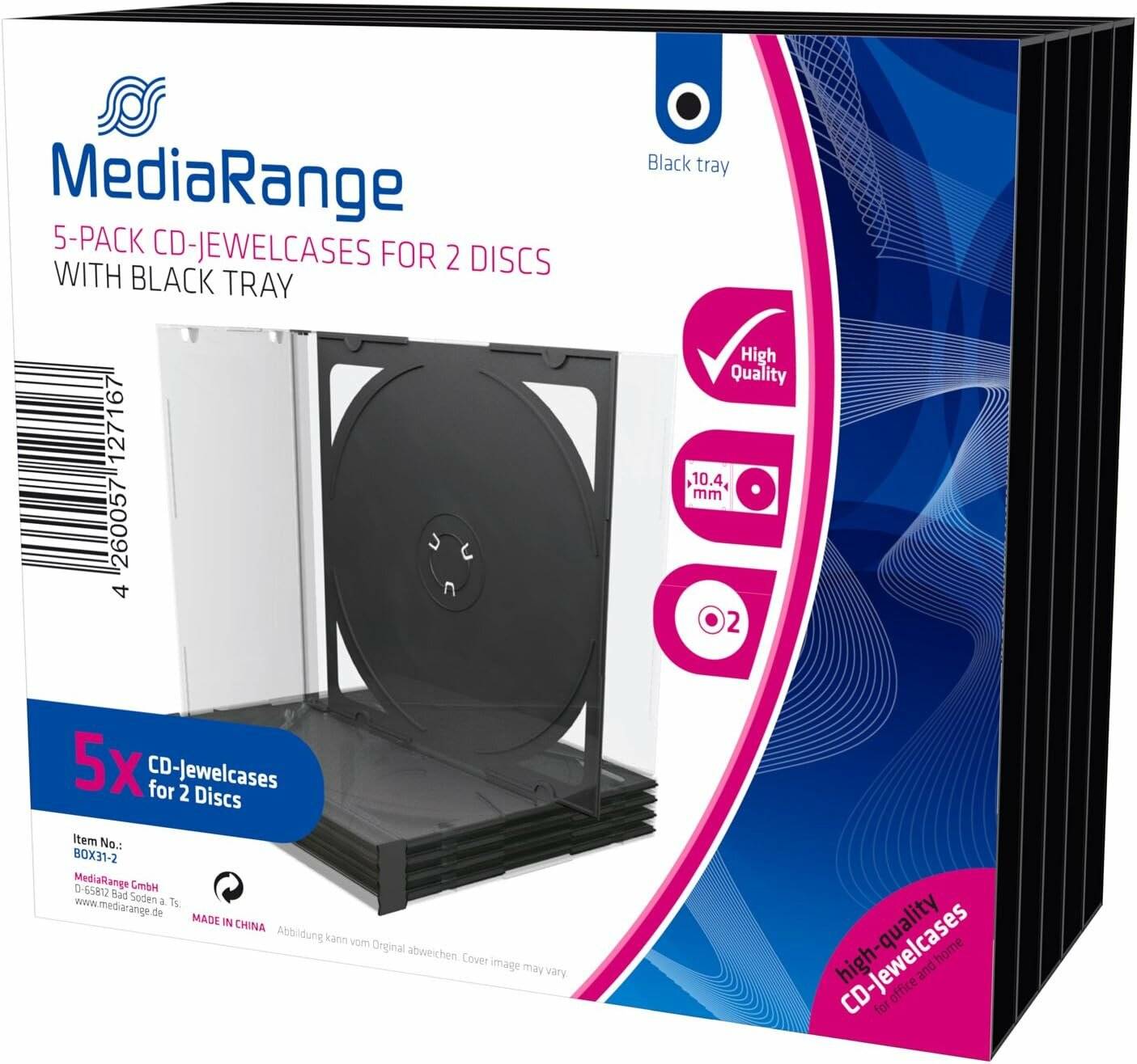 MediaRange 5er-Pack CD-Jewel-Cases für 2 Discs mit schwarzem Tray, Verpackung zeigt einen geöffneten Behälter, Merkmale umfassen hohe Qualität und Kapazität für 2 Discs.