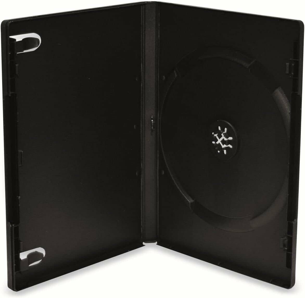 Eine offene, leere schwarze DVD-Hülle, die den inneren Disc-Halter und die Klammern für einen Cover-Einschub zeigt.