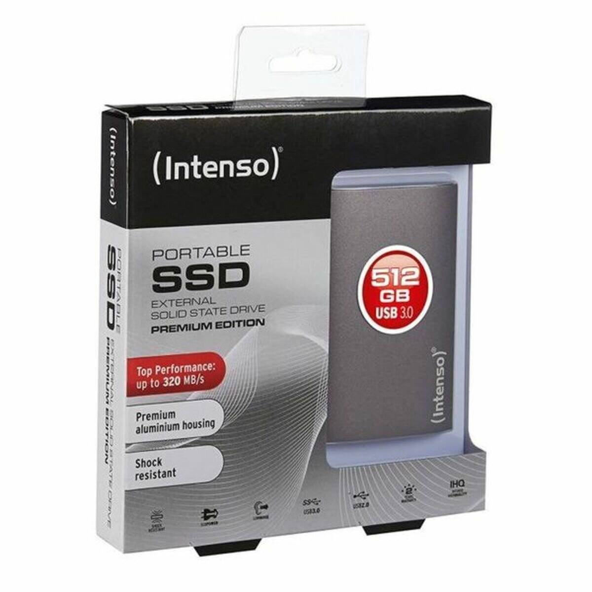 Intenso Portable SSD, 512 GB, USB 3.0, Premium Edition; Bis zu 320 MB/s Geschwindigkeit, Aluminium-Gehäuse, stoßfest.