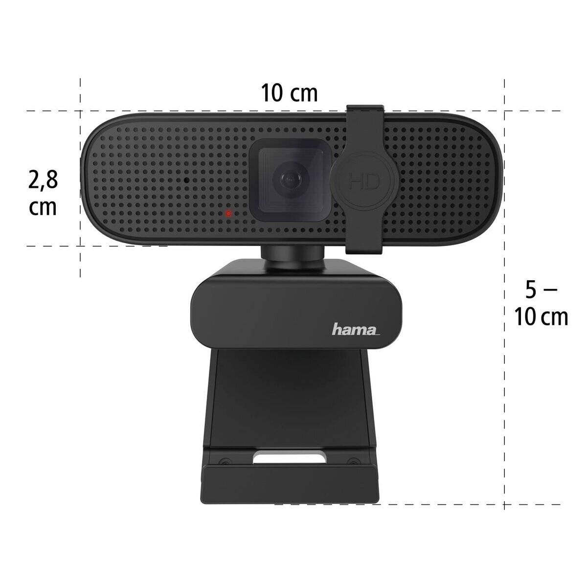 Eine schwarze Webcam mit beschrifteten Abmessungen: Breite 10 cm, Höhe 2,8 cm, und Befestigungshöhe verstellbar zwischen 5 und 10 cm.