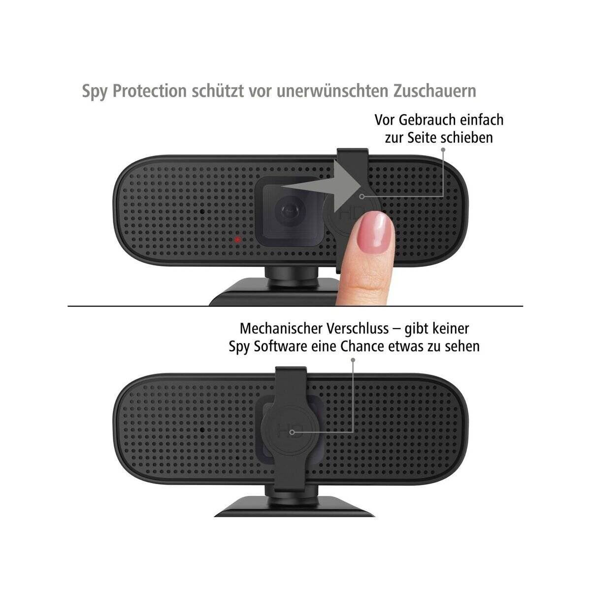 Spy Protection schützt vor unerwünschten Zuschauern' Text über einem Webcam-Bild, das einen Finger zeigt, der einen Objektivdeckel beiseite schiebt. Bildunterschrift: 'Vor Gebrauch einfach zur Seite schieben'.