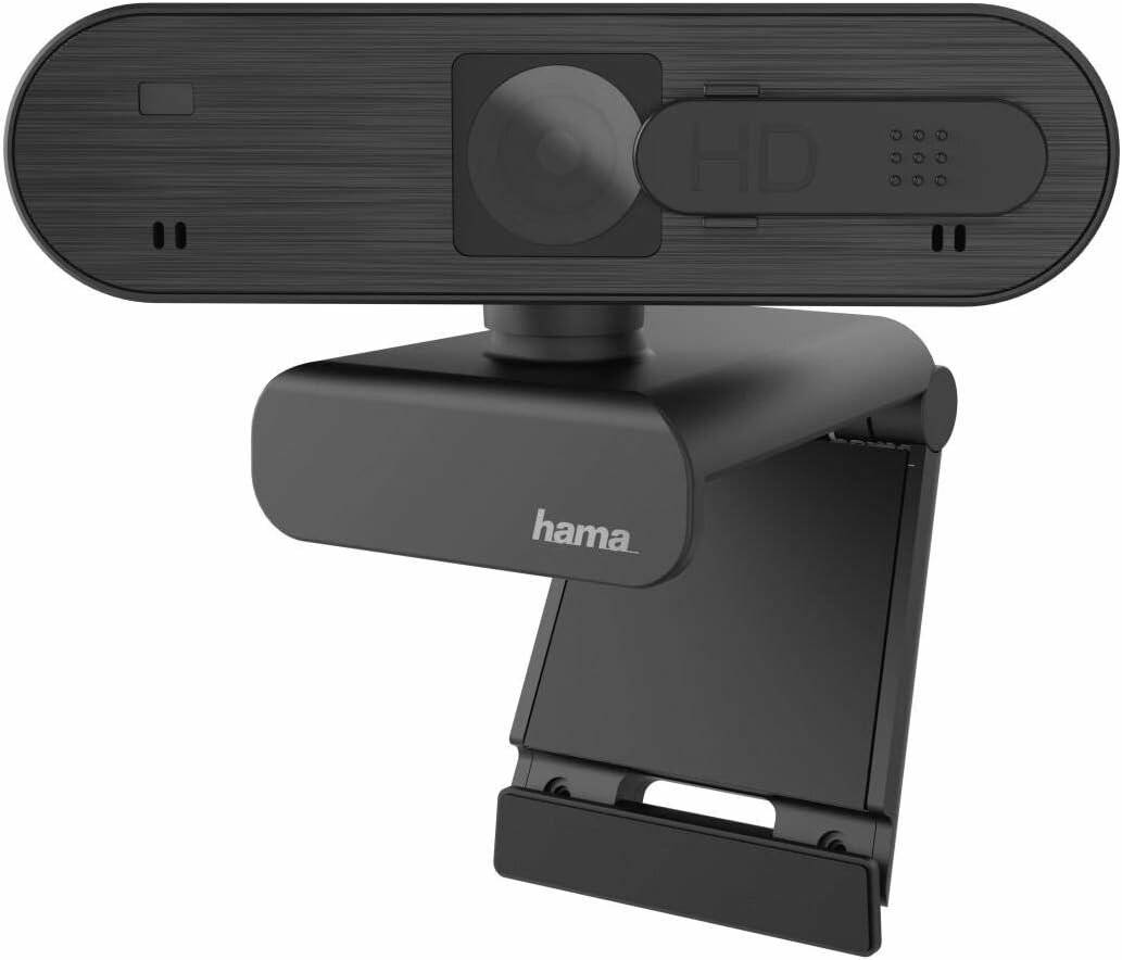 Eine schwarze HD-Webcam mit einem aufsteckbaren Ständer mit der Markenbezeichnung 'Hama'.