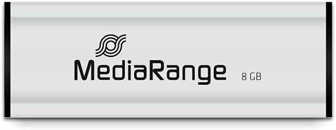 MediaRange-Logo mit stilisiertem schwarzem Text auf einem grauen Hintergrund mit Wellendesign.