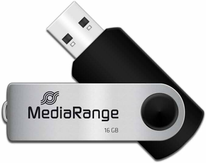 Ein USB-Stick mit 'MediaRange'-Branding und einer auf dem Gehäuse angegebenen Kapazität von '16 GB'.