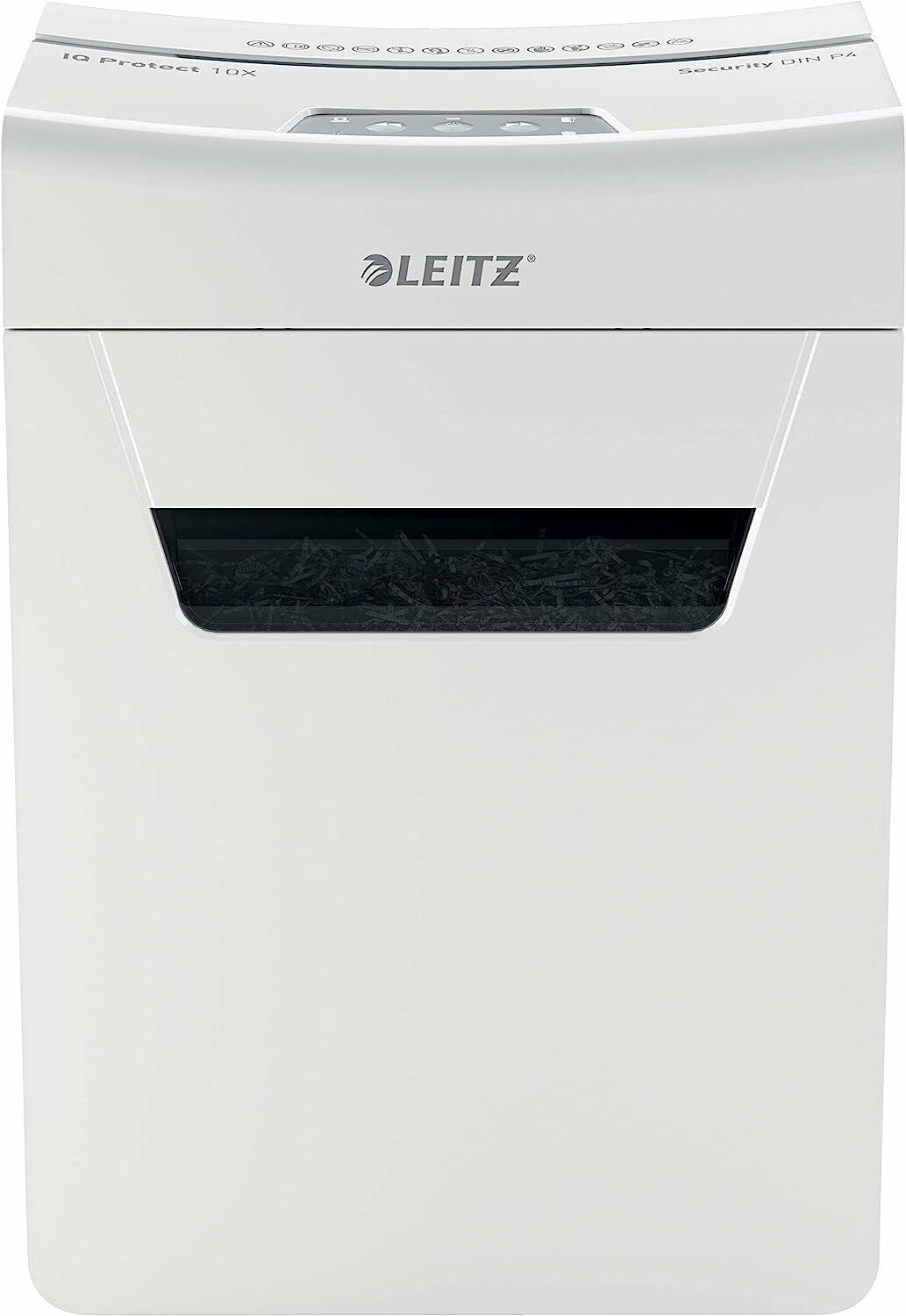 Ein weißer Aktenvernichter mit einem sichtbaren Fach, das zerrissene Papiere enthält. Die Marke 'Leitz' ist auf der Oberseite angebracht.