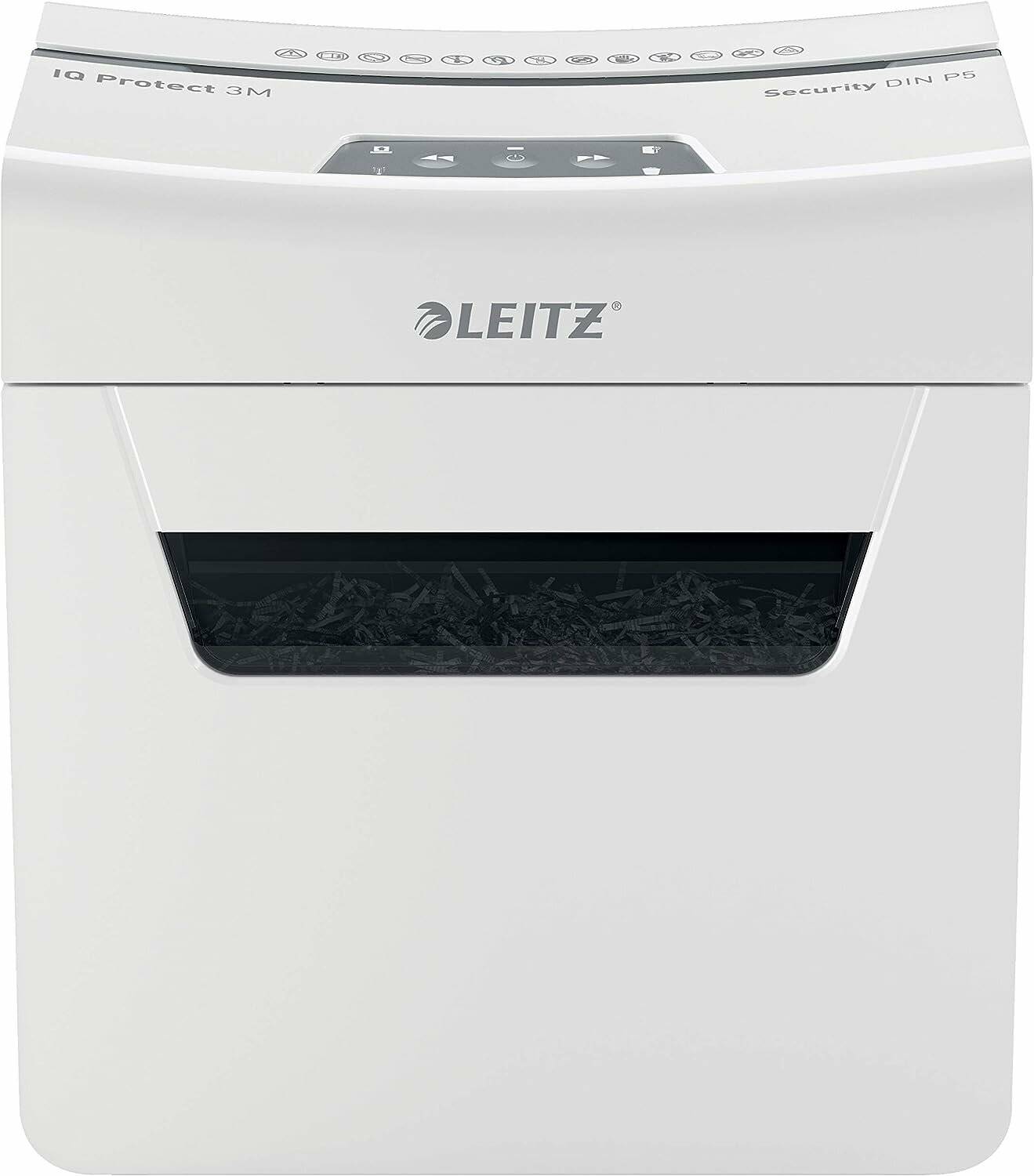 Ein weißer Aktenvernichter der Marke 'Leitz', entwickelt für Sicherheit. Er verfügt über einen sichtbaren Schlitz für den Auswurf von geschreddertem Papier.