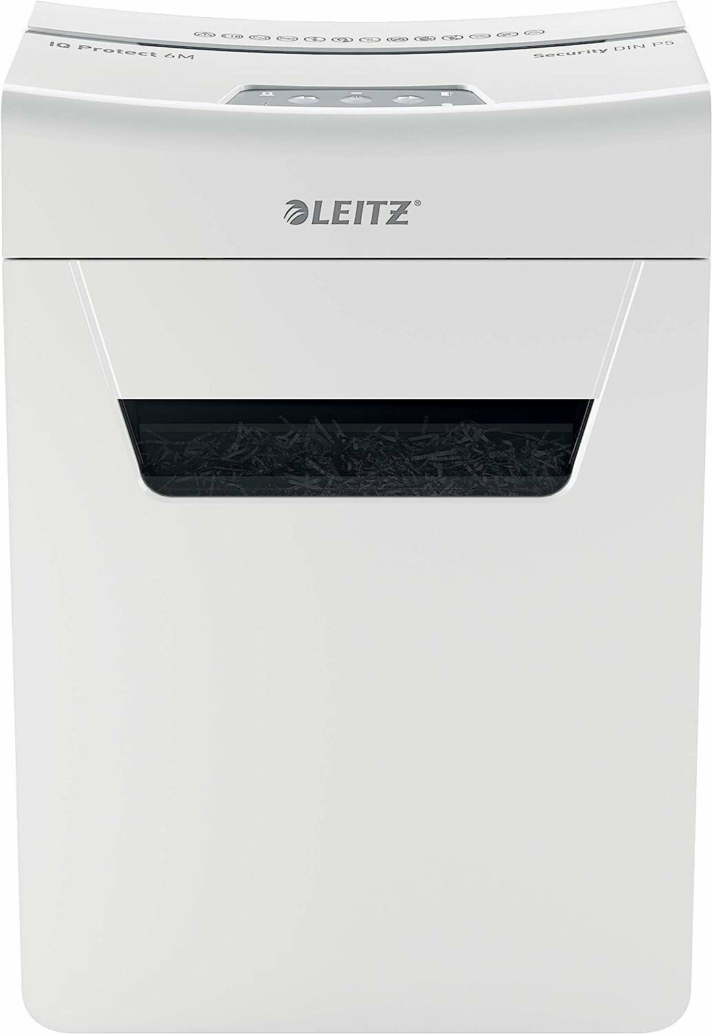 Ein weißer Büropapierreißwolf mit sichtbaren zerrissenen Papierstreifen im Inneren. Der Markenname 'Leitz' ist oben aufgedruckt.