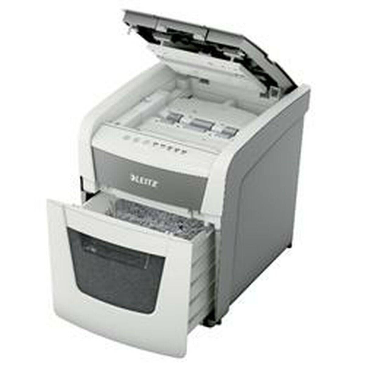 Ein offener Büro-Aktenvernichter mit ausgefahrenen Papierfächern, der seine Innenräume zeigt.