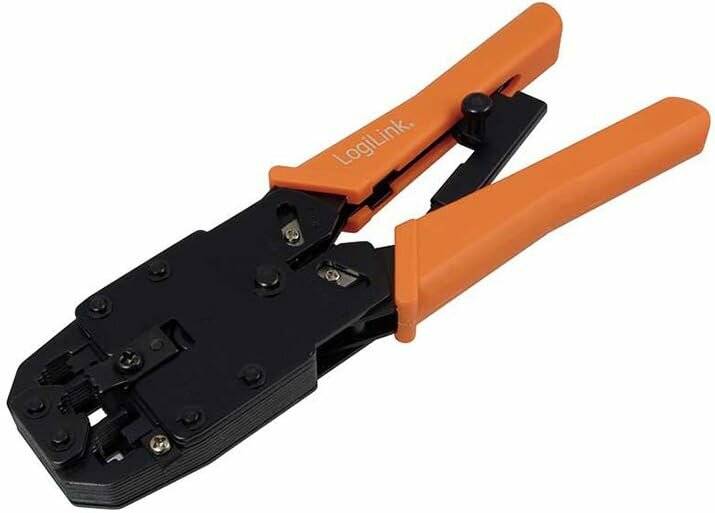 Eine Crimpzange mit schwarzen Metallbacken und orangefarbenen Griffen, die mit 'LogiLink' beschriftet ist und zum Verbinden von Netzwerkkabeln durch Crimpen von Steckern verwendet wird.