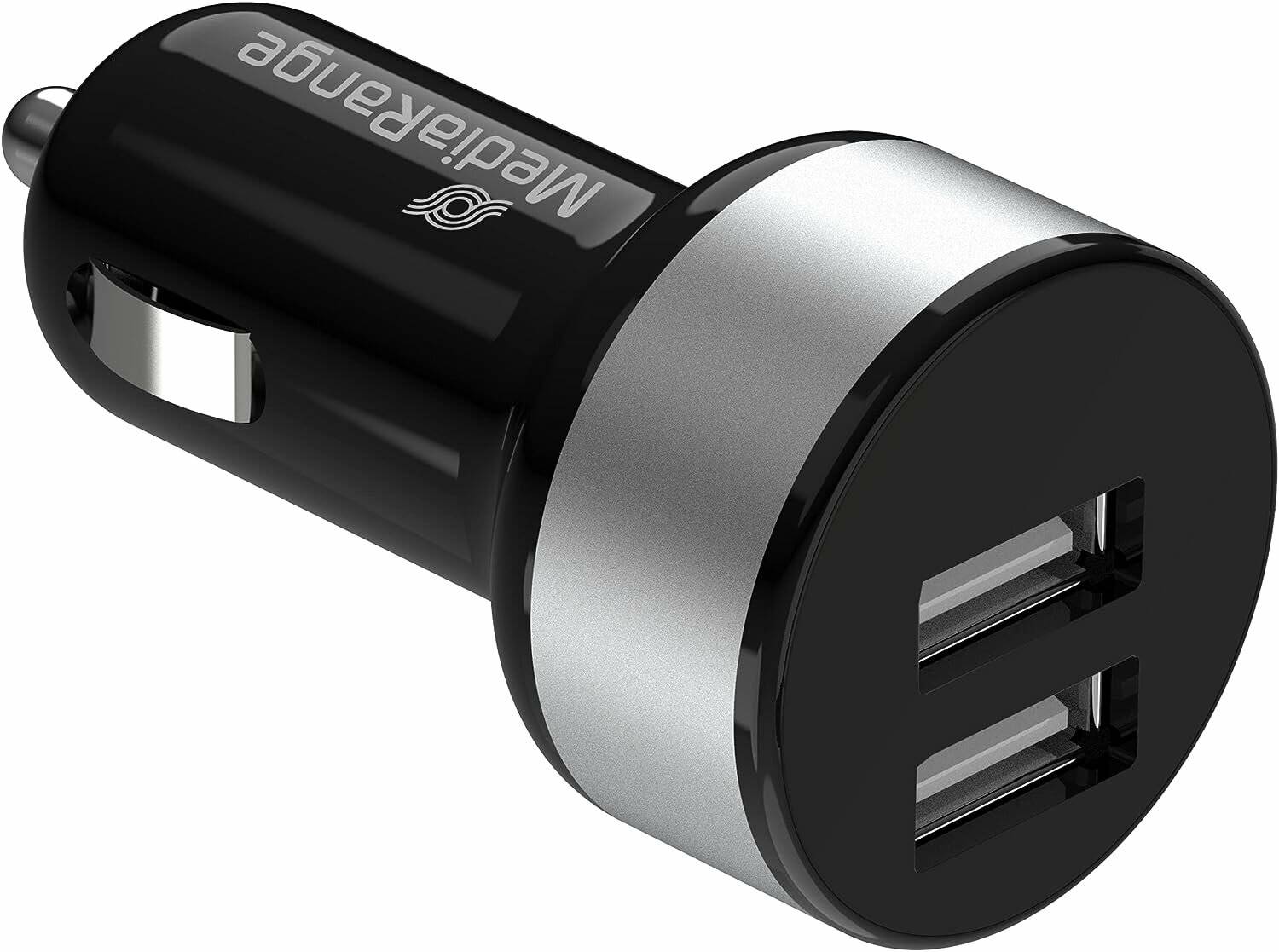 Ein dualer USB-Autoladegerät mit einem metallfarbenen Band, konzipiert zum Einstecken in die Zigarettenanzünderbuchse eines Fahrzeugs zum Aufladen von Geräten.