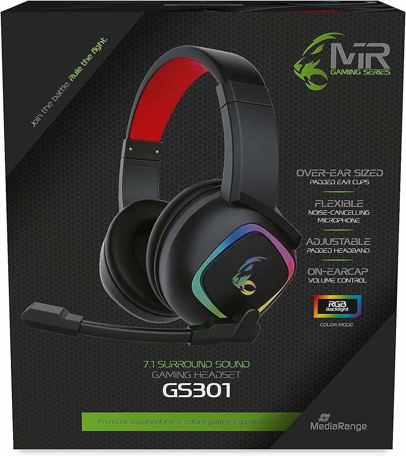 GS301 7.1 Surround-Sound-Gaming-Headset mit RGB-Beleuchtung, überdimensionierten Ohrmuscheln, verstellbarem Kopfbügel und Lautstärkeregelung direkt auf der Ohrmuschel.