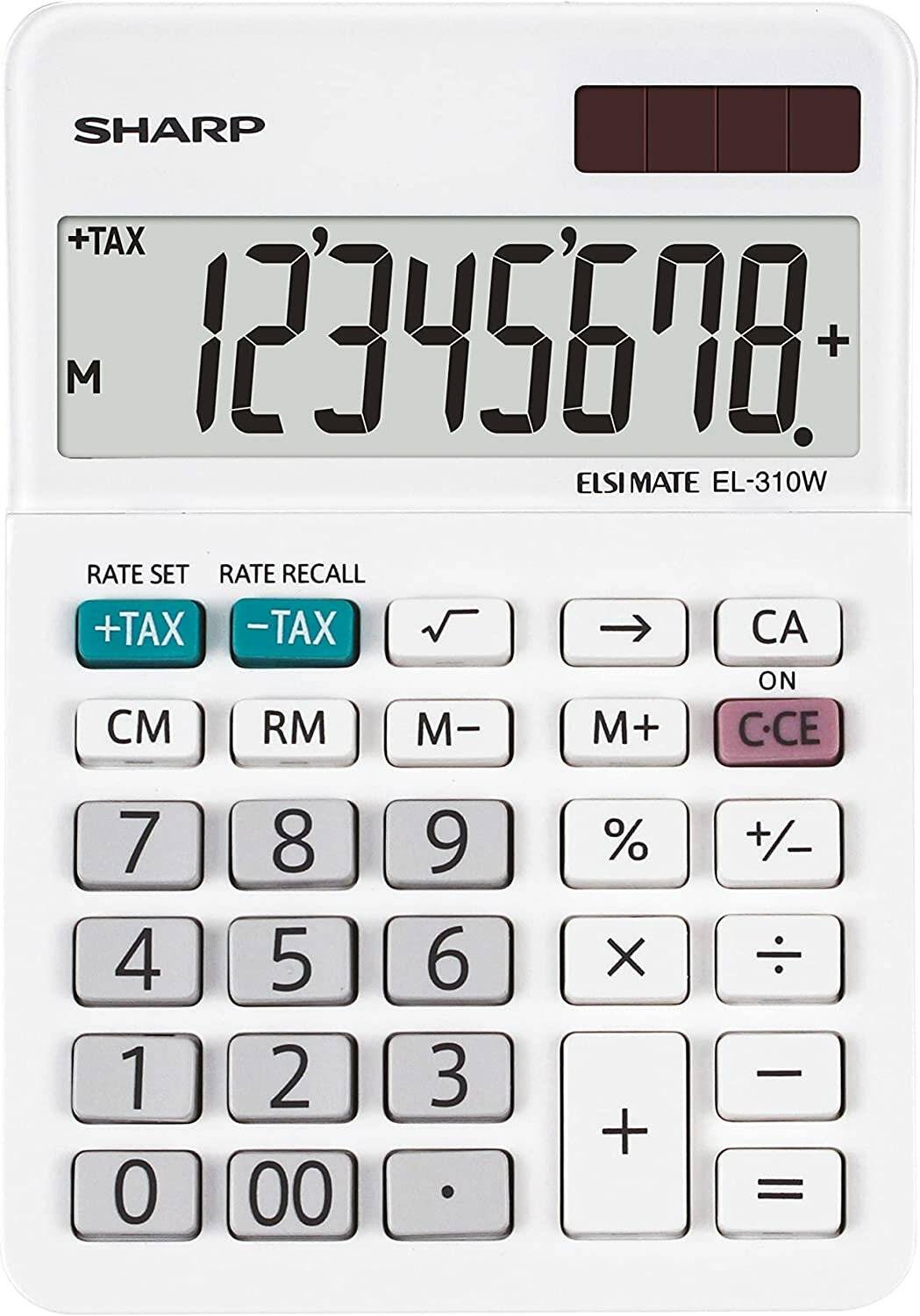 Ein Taschenrechner, der '12345678' anzeigt, mit sichtbaren Steuer- und Speicherfunktionen. Tasten für grundlegende und finanzielle Berechnungen sind vorhanden.