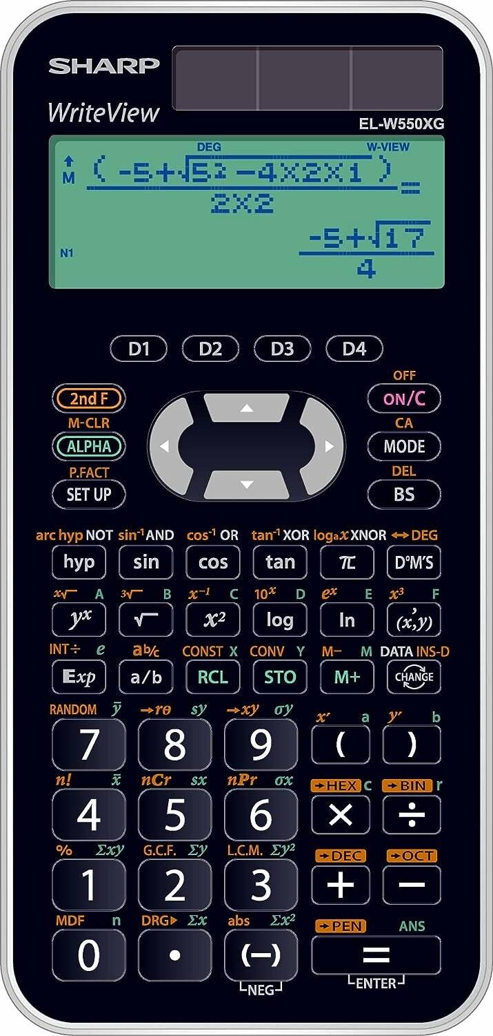 Ein wissenschaftlicher Taschenrechner mit verschiedenen Funktionstasten, einschließlich logarithmischer, trigonometrischer und exponentieller Funktionen, mit einem großen Display, das Berechnungen zeigt.