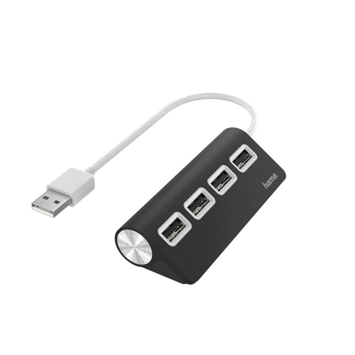 Ein schwarzer USB-Hub mit vier USB-Anschlüssen und einem Verbindungskabel, der zum Erweitern von USB-Verbindungen für Computer und elektronische Geräte verwendet wird.