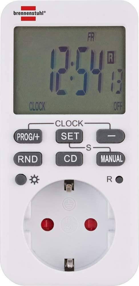 Digitaler Timer mit der Anzeige '12:37' und Tasten beschriftet mit 'PROG/+', 'SET', '-', 'RND', 'CD', 'MANUAL', 'R'.