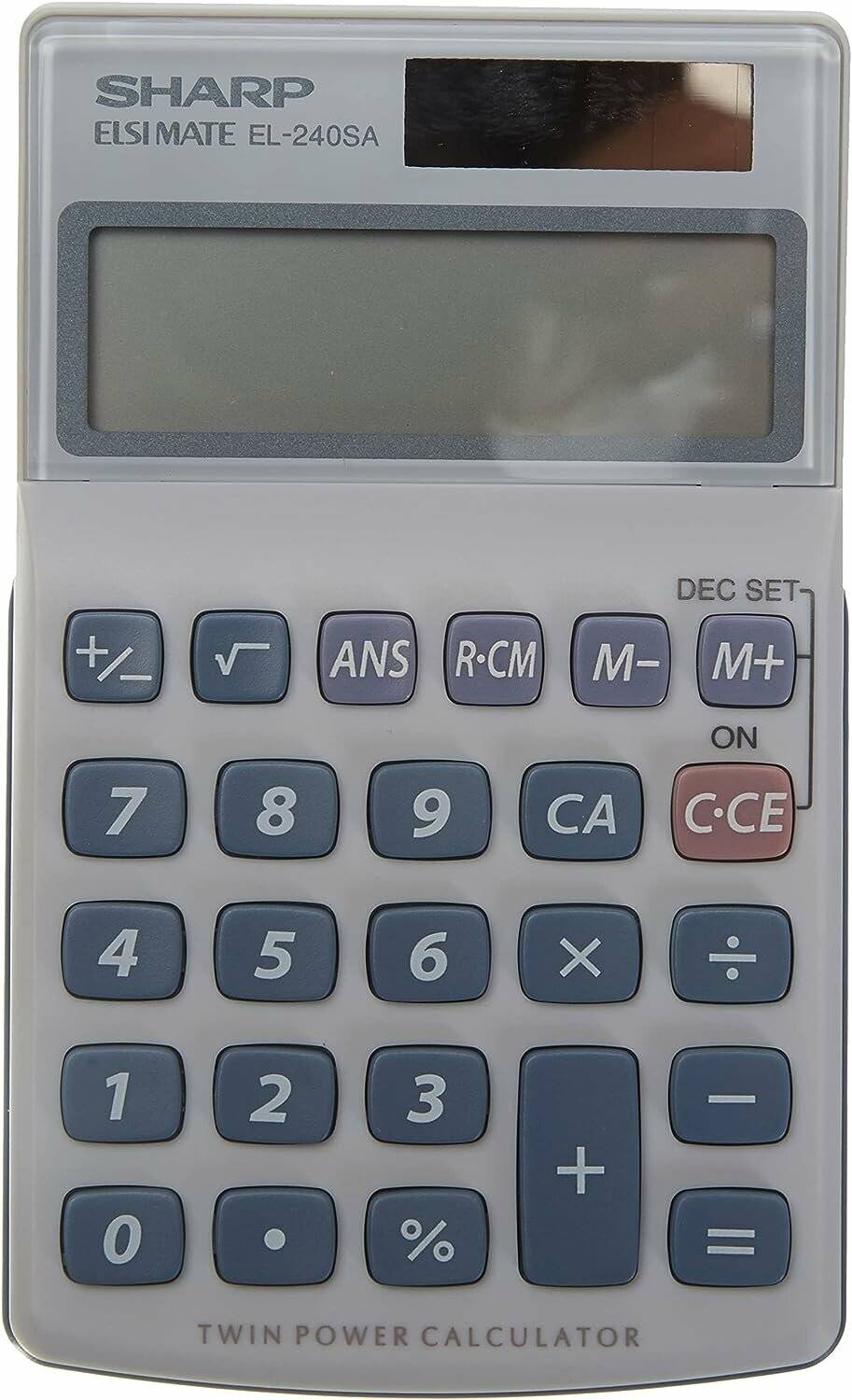Ein Taschenrechner mit einer Tastatur mit Zahlen, arithmetischen Funktionen und einem kleinen Displaybildschirm, der für mathematische Berechnungen verwendet wird.