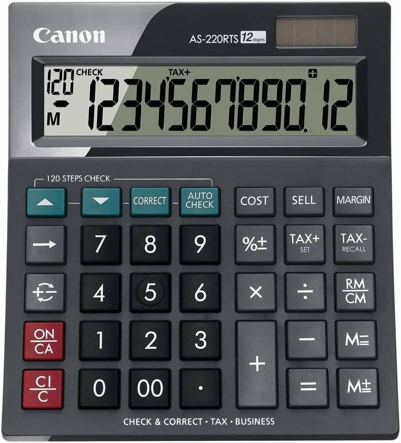 Ein schwarzer Taschenrechner mit einer digitalen Anzeige, auf der die Ziffern '123456789012' zu sehen sind. Er verfügt über verschiedene Tasten für mathematische Funktionen.