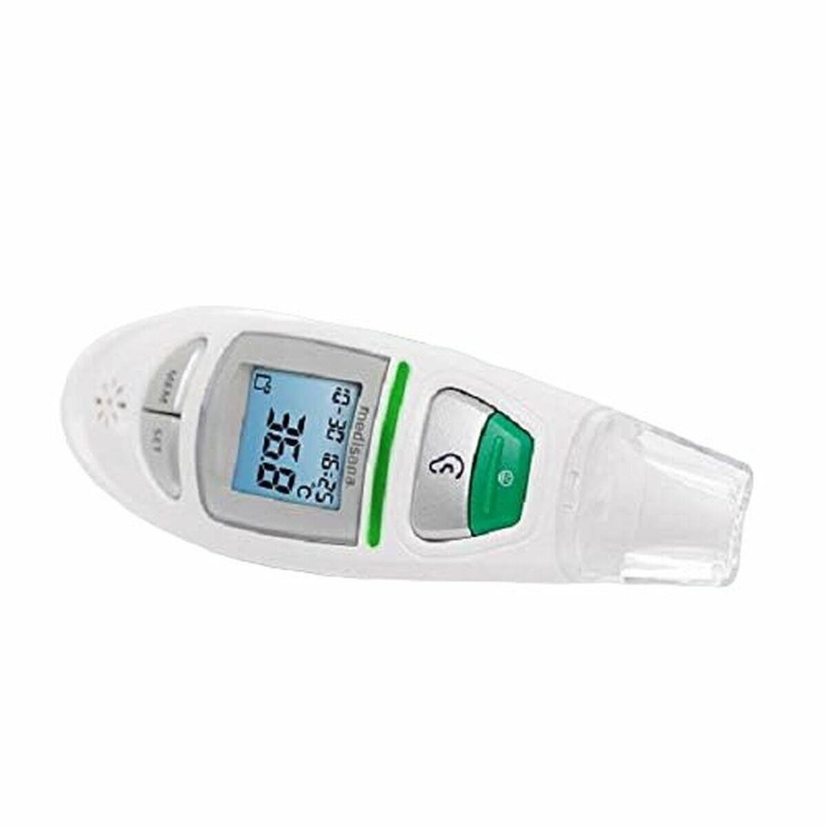 Digitales Thermometer mit einer übersichtlichen Anzeige, die '98,6' Grad Fahrenheit zeigt, ausgestattet mit grünen Tasten und einer spitzen Sonde zur Temperaturmessung.