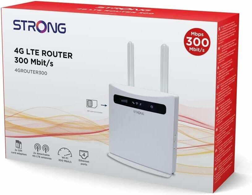 Eine Schachtel mit einem 4G-LTE-Router mit Modellbezeichnung, ausgestattet mit zwei Antennen, WLAN-Geschwindigkeit von 300 Mbit/s, Ethernet-Anschlüssen und Werbetext.