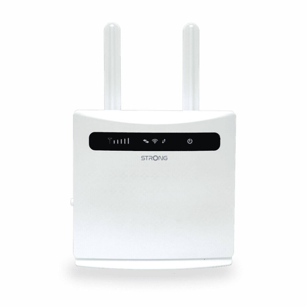 Ein weißer drahtloser Router mit Doppelantenne; das Frontpanel zeigt Indikatorlichter, die den Konnektivitäts- und Stromstatus anzeigen.
